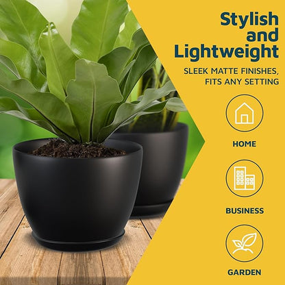 Lifemaster Plant Pots with Multi Drainage Holes - 5 Pieces Versatile, Sturdy Plastic, Stackable Design Home Decor Flower Pots for Indoor and Outdoor Gardening - Black