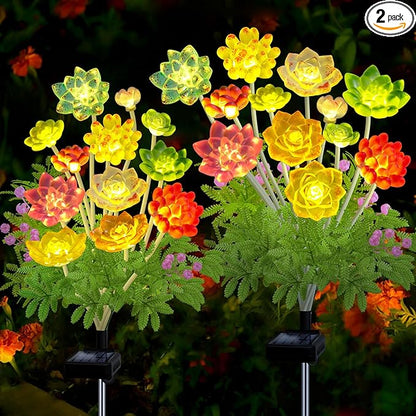 Solar Garden Lights Outdoor, 2 Pack Upgraded Succulent Solar Flowers Outside Waterproof, Gardening Gifts for Women Mother, Decorative Solar Powered Lights Yard Decor for Lawn Backyard Patio Pathway