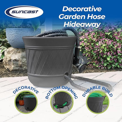 Suncast Lattice Hose Pot for Outdoor Garden Storage, Peppercorn - Holds 300 ft Expandable or 50 ft Standard 5/8" Vinyl Hoses, Resin Hideaway Organizer with Drainage and Water Supply Port