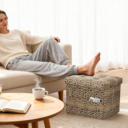 AmasSmile Storage Ottoman Folding Foot Rest Stool with Side Pocket, 17 inch Velvet Footstool Bench, Short Ottoman Bench, Storage Foot Rest Store, Blanket Chest, Leopard Print