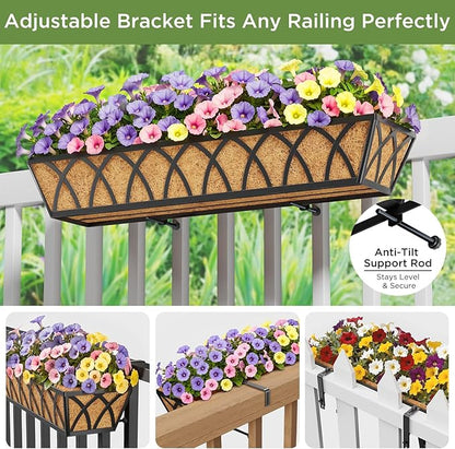 Y&M 30 Inch Window Deck with Coco Liner, Fence Metal Hanging Flower Planter Basket Deck Railing Planter Boxes for Outdoor Garden Lawn, 24" Window Boxes Horse Trough with Coconut Coir Liner,2pcs