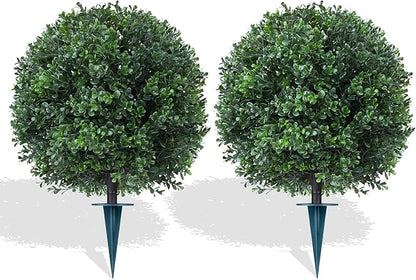 Artificial Boxwood Topiary Trees with Ground Spike,2 Pieces Fake Pine Shrubs Bushes, UV Resistant Faux Evergreen Cypress Tree Plants for Indoor Outdoor Planters Front Porch