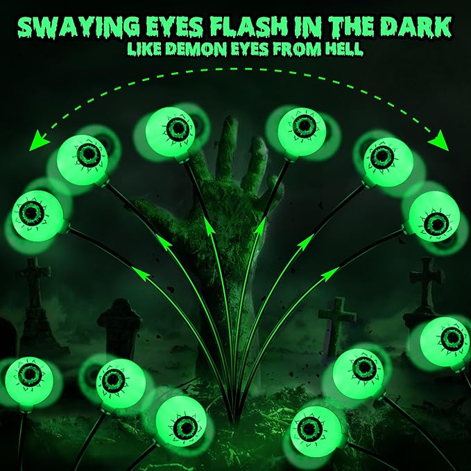 BrizLabs 6 Pack 36 LED Halloween Solar Eyeball Lights, 2 Modes Outdoor Halloween Pathway Lights, Green Solar Walkway Light Waterproof, Green Swaying Firefly Light for Outside Path Yard Garden Lawn