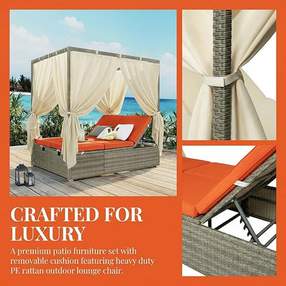 Harper & Bright Designs Adjustable Outdoor Sun Lounger with Canopy,Multi-Position Recline Patio Chair with Removable Cushion,Weather-Resistant Rattan Chaise Lounge for Poolside,Garden & Terrace,Orange