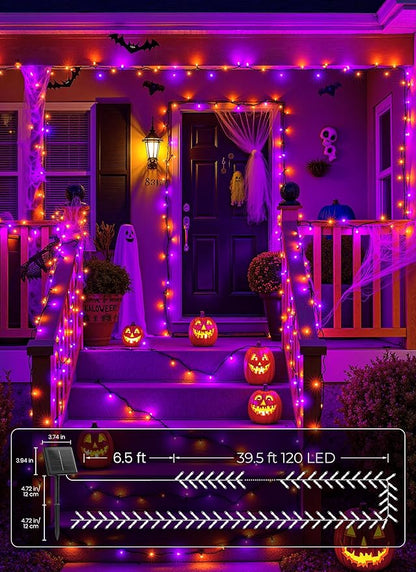 Brightown 4 Pack Solar Halloween String Lights, Total 184FT 480 LED Solar Lights Outdoor Waterproof Black Wire with 8 Modes, Solar Fairy Light for Garden Yard Patio Party Decors, Orange and Purple
