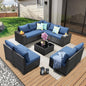 10 Pieces Patio Furniture Set All-Weather Outdoor Wicker Sectional Conversation Sofa Rattan Patio Seating Sofa with Cushion and Glass Table for Porch Poolside,Navy