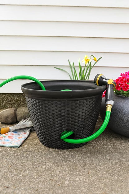 The HC Companies 18 inch Woven Garden Hose Holder, Lightweight UV-Resistant Plastic Water Hose Holder with 100-Foot Capacity, 2-Pack Water Hose Pots for Garden, Patio & Home Organization, Chocolate