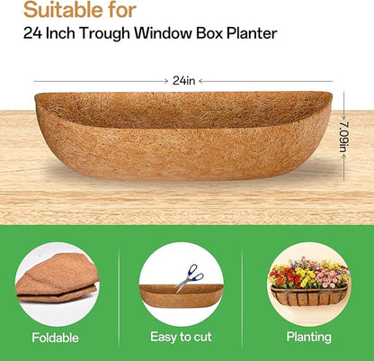 ZeeDix 24 Inch Trough Coconut Liners for Planters (4-Pack) - 100% Natural Coconut Coir Fiber Planter Liners Replacement for Window Boxes, Wall Baskets, Deck Flower Boxes, Garden Railing Fence Troughs
