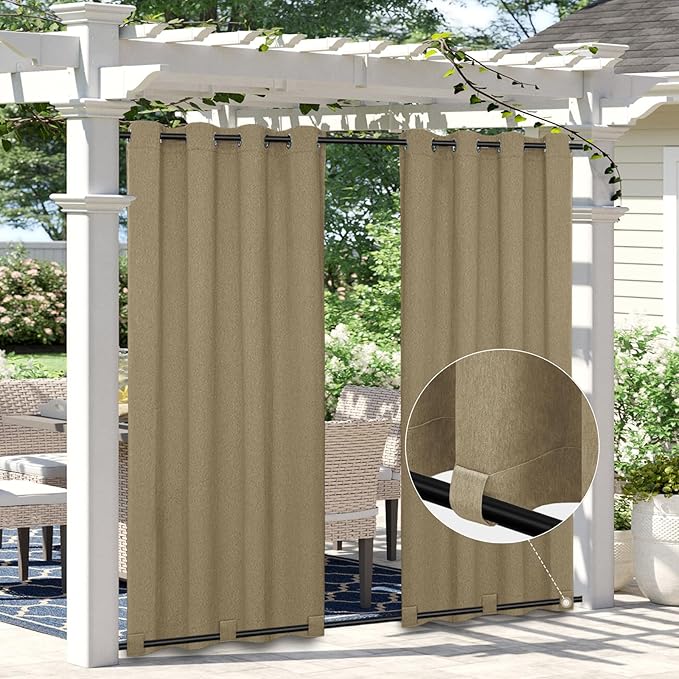 Easy-Going Linen Look Outdoor Curtains Waterproof Windproof Porch Curtains, Soft Thicken Outdoor Privacy Curtains for Patio, Gazebo, Grommet Top and Tab Bottom Drape, 1 Panel, 54x84 inch, Khaki