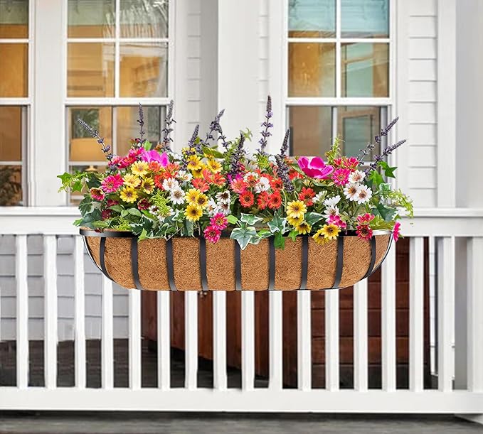 30 Inch Window Deck with Coco Liner, 30" Window Boxes Horse Trough with Coconut Coir Liner, Fence Metal Hanging Flower Planter Window Basket Deck Railing Planter Boxes for Outdoor Garden Lawn, 4pcs