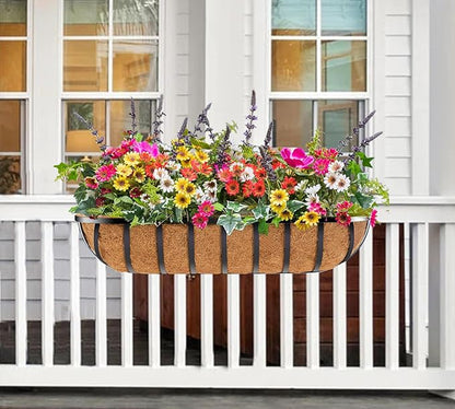 Y&M 30" Iron Window Deck Railing Planter Box 4Pcs with Coco Liner, Metal Horse Troughs Fence Planter for Outdoor Balcony Rail Fence Porch Patio