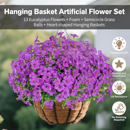 Artificial Hanging Flower for Outdoors, Fake Hanging Basket for Outside,1 Hanging Basket with 13 Pcs Faux Silk Flowers for Porch, Balcony and Patio Decor(Purple)