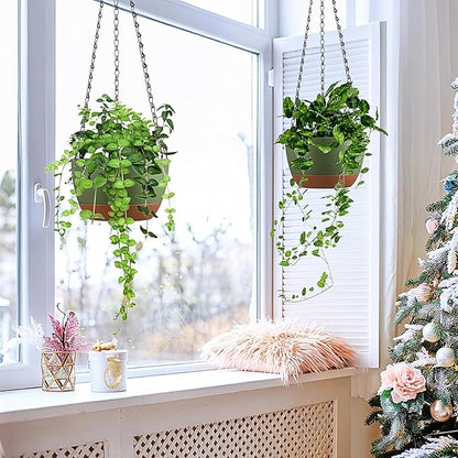 Hanging Planters for Indoor Plants, Set of 2 8/10 Inch Self-Watering Hanging Pots with Drainage Hole & Removable Water-Storage Tray II Screw-in Hooks