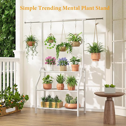 Plant Stand Indoor Outdoor, 3-Tier Heavy Duty Metal Hanging Plant Shelf, 61'' Tall Large Plant Holder Rack for Multiple Big Pots, Flower Stand for Living Room, Garden, Balcony, White