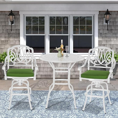 VIVIJASON 3-Piece Patio Swivel Bar Stools Set, All Weather Cast Aluminum Outdoor Bar Height Bistro Set with 2 Cushioned Bar Chairs & 35.4" High Bar Table w/Umbrella Hole for Backyard, Lawn, White