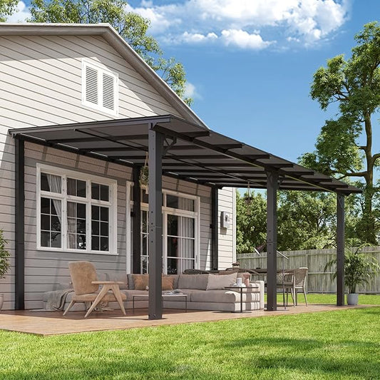 Aoxun 16'x 10' Premium Gazebo with Aluminum Top Frame & Polycarbonate Panel, Wall Mounted Gazebos Pergola, Outdoor Patio Lean to Gazebo, Awnings with Sloped Roof, for Backyard, Porch, Deck