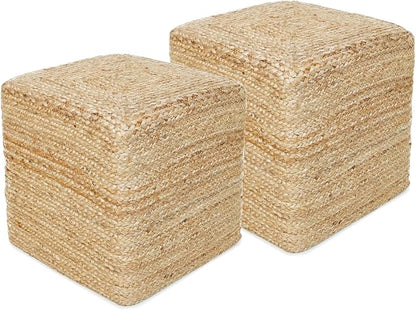 REDEARTH · Cube Pouf Foot Stool Ottoman - Jute Braided Pouffe Poof Accent Sitting - Set of 2 Footrest for The Living Room, Bedroom, Nursery, Patio, Lounge, Office - 14.5”X14.5”X16” - Natural