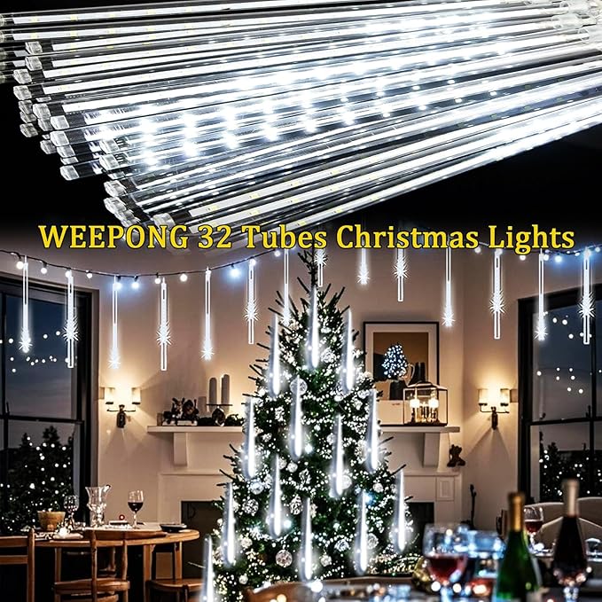 String Lights Outdoor 32 Tubes 768 LEDs White Meteor Shower