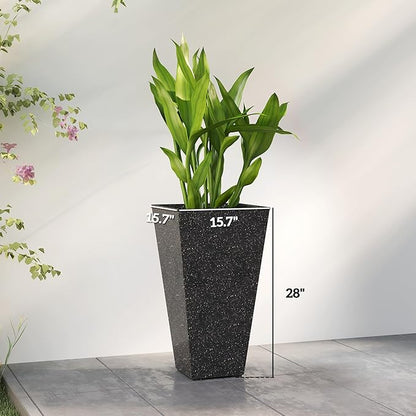 Outsunny 28 Inch Tall Planters for Outdoor Plants, Set of 3 Plastic Flower Pots with Marble Finish and Drainage Holes, Stackable Tapered Large Planters for Indoor Plants, Front Porch Decor, Black