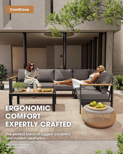 Aluminum Outdoor Patio Furniture Set 6 Seats, Outdoor Sectional Corner Sofa Set, Patio Conversation Sets with Washable Cushions & Coffee Table, Patio Furniture for Backyard, Porch, Graphite