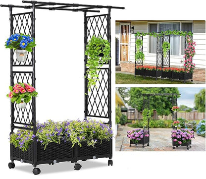Planter Box with Trellis Outdoor, 53.1in Plastic Raised Garden Bed with Trellis Hanging Roof for Vine Flower, with Lockable Wheels & Drain Plug for Patio Backyard Balcony, Black, 1 Pc