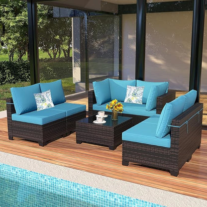 Outdoor Wicker Patio Furniture Set, Rattan Sectional Sofa Set with Thick Cushions (Brown/Peacock Blue, 7 Piece Sofa Set)