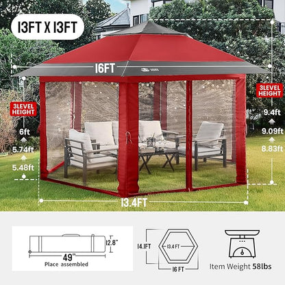 CROWN SHADES 13x13 Pop Up Gazebo with Mosquito Nettings, Patented Center Lock 6-Sided Portable Gazebo, 300D Silver-Coated Fabric UV Resistant, Pop Up Canopy Tent for Patio, Party, Red&Grey