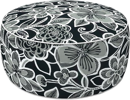 LVTXIII Indoor/Outdoor Inflatable Ottoman with Handle D21 x H9 Inch, Weather-Resistant Round Footstool Pouf for Patio Camping Living Room, Portable Footrest Extra Seating, Flower Black