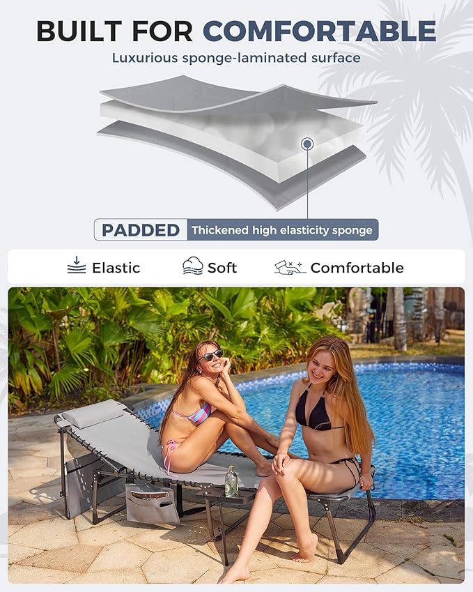 KingCamp Oversized Padded Chase Lounge Chairs, Extra-Wide Folding Tanning Chair Adjustable 5-Position 400lbs Heavy Duty Lounger with Double-Layer Oxford Canopy Shade for Outdoor Beach Patio Sun Pool