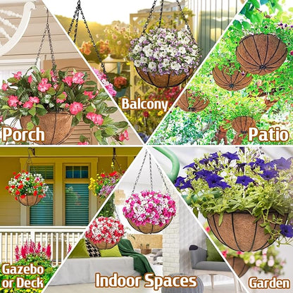 ZeeDix 2 Pack 14 Inch Metal Hanging Baskets for Plants Outdoor, Wire Round Planters with Coco Coir Liner, Hanging Flower Baskets for Home Garden Porch Balcony Railings Decor