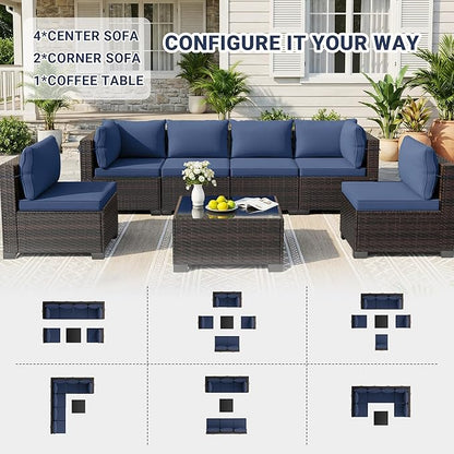 LEVELEVE 7 Pieces Outdoor Patio Furniture Sets,Rattan Conversation Sectional Set,Manual Weaving Wicker Patio Sofa with Tea Table