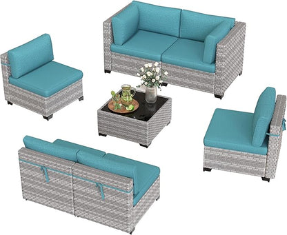 6-Seat Modular Patio Furniture Set – Outdoor Wicker Sectional Sofa with Thick 4″ Cushions, Dual-Strand PE Rattan, Rust-Resistant 18 mm Steel Frame, Backyard Garden Deck Lounge,Blue