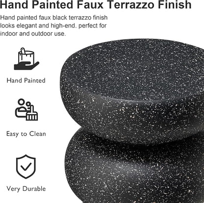 Glitzhome Outdoor Side Table Set of 2, 18" H Decorative Garden Stool MgO Faux Terrazzo End Table, Heavy Duty Indoor Outdoor Round Planter Stand for Living Room Bedroom Patio Deck Poolside,Black