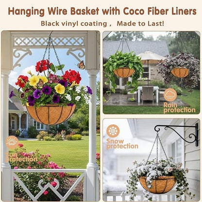 Metal 10 inch Round Planter, 4 Pack Hanging Wire Basket with Coco Fiber Liners, for Outdoor Plants Decoration