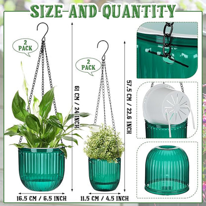 Maxcheck 4 Pcs Self Watering Hanging Planters Indoor Gift 6.5'' 4.5'' Hanging Flower Pots Baskets Outdoor Self Watering Plant with 3hooks Drainage Holes for Home(Emerald)