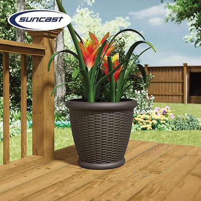 Suncast 4 Pack Wicker Planter w/ Drillable Drain Holes, Decorative Indoor/Outdoor Pot, 18in, Java