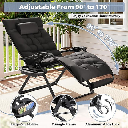 Homall Oversized Zero Gravity Chair, 32In Recliner Lounge Chair with Removable Soft Cushion and Cup Holder, Adjustable Anti Gravity Chair Folding Patio Chairs Padded for Indoor and Outdoor (Black)