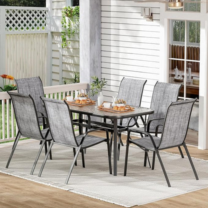 TLSUNNY 7 Pieces Patio Dining Set, Outdoor Table and Chairs W/1.69″ Umbrella Hole, 30"X 55" Table and Stackable Textilene Chair, All Weather Patio Furniture Set (Umbrella not Included) (Grey)