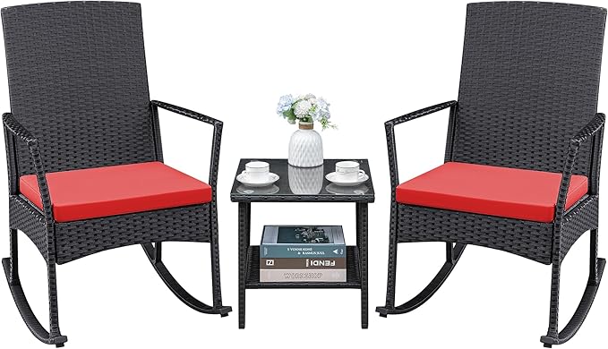 Conversation Set, 3-Piece Red Rattan Rocking Chairs with Coffee Table