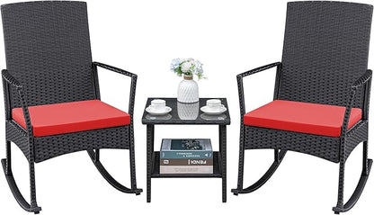 Conversation Set, 3-Piece Red Rattan Rocking Chairs with Coffee Table