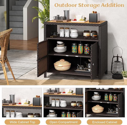 Tangkula Rattan Outdoor Storage Cabinet, Patiojoy Outdoor Cabinet with Acacia Wood Countertop, Open Compartment, 2-Door Wicker Sideboard, Outdoor Bar for Patio Garden Backyard Poolside (Mix Brown)