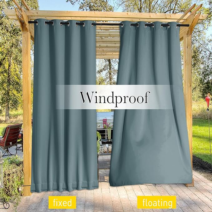 NICETOWN 2 Panels Waterproof Outdoor Curtains Fixed Grommet & Back Tab on Top & Bottom, Thermal Insulated Keep Rain & Sun Out Privacy Windproof Outdoor Draperies with Rope, W52 x L72, Greyish Blue