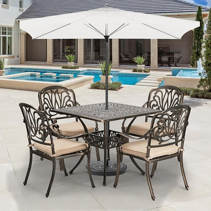 VINGLI 5-Piece Outdoor Patio Dining Set, Cast Aluminum All-Weather Outdoor Table and Chairs w/Cushion, Outdoor Furniture Set w/Umbrella Hole for Backyard Deck Poolside (Square, Elizabeth Back)