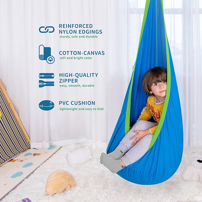 Hammock Chair Kids Pod Swing, Blue Cotton, Indoor or Outdoor Use