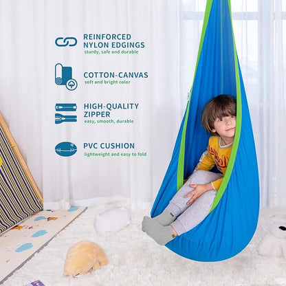 Hammock Chair Kids Pod Swing, Blue Cotton, Indoor or Outdoor Use
