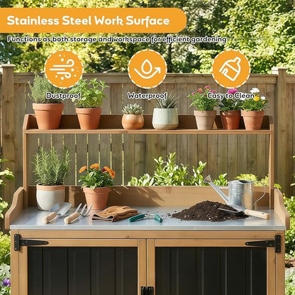 Potting Bench Table & Outdoor Storage Cabinet with Lockable Wheels, Adjustable Shelves, Mobile Waterproof Metal Top Workstation for Garden Patio BBQ Organization, Magnetic Latch & Edge Guard