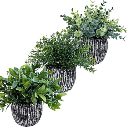 Winlyn Set of 3 Artificial Potted Plants Faux Eucalyptus Rosemary Boxwood Greenery in Black & White Concrete Pots Small Fake Plant for Indoor Outdoor Home Office Table Shelf Windowsill Greens Décor