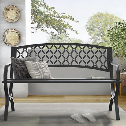 On Shine 50'' Patio Garden Bench, Loveseats Patio Park Bench,Black Steel Cast Iron Frame Bench,Metal Bench Outdoor for Porch Yard Lawn Deck (Grid)