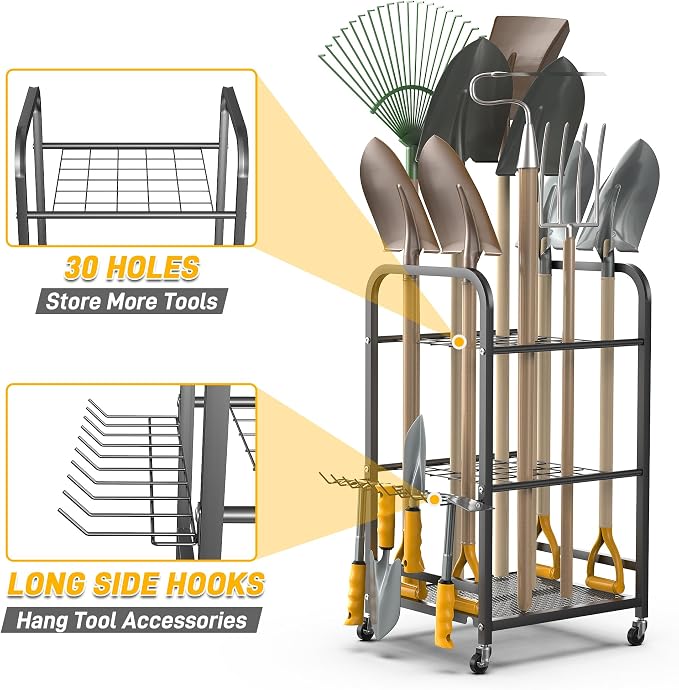 Storage Rack: Black Alloy Steel Yard Tool Organizer with Lockable Wheels