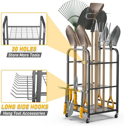 Storage Rack: Black Alloy Steel Yard Tool Organizer with Lockable Wheels